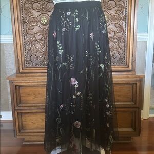 Black Tulle Embroidered Floral Maxi Skirt Romantic Sheer Overlay Boho NWOT Large